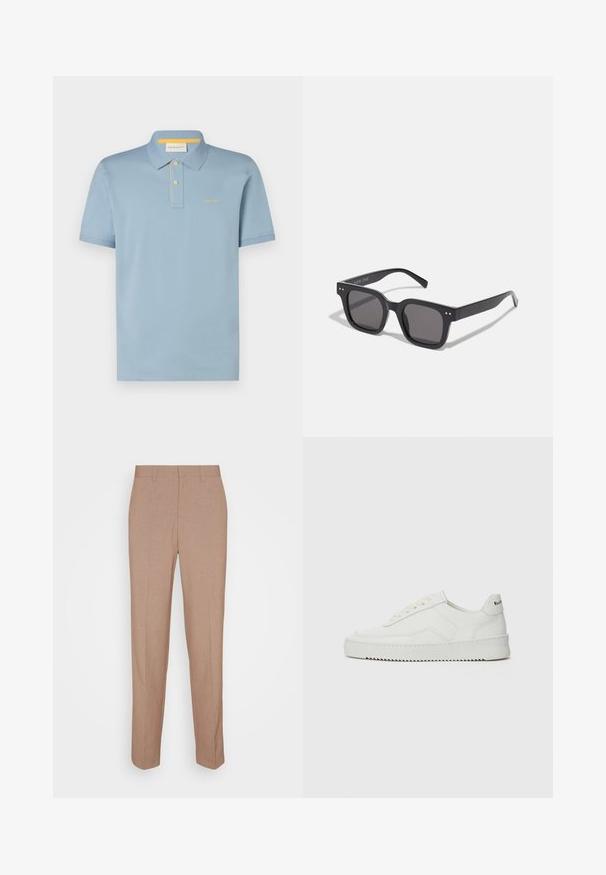 Světle modrá polo tričko s límečkem, krátkými rukávy a žlutými akcenty. Obsahuje přední légu se dvěma knoflíky a vyšívané logo.; Béžové kalhoty na míru z hladké, texturované látky. Rovný střih s pasem a bez viditelných ozdob nebo kapes.; Bílé kožené tenisky s hladkým povrchem, kulatou špičkou, plochými tkaničkami a texturovanou podrážkou. Na patě se nachází nenápadné logo.; Černé obdélníkové sluneční brýle s tmavými skly, disponující silným rámem, decentními akcenty po stranách a bez viditelných log kromě názvu značky.; Kovové kvalitní hodinky s černým ciferníkem, bílými číslicemi a zobrazením data. Disponují nerezovým páskem a voděodolností 100 m.