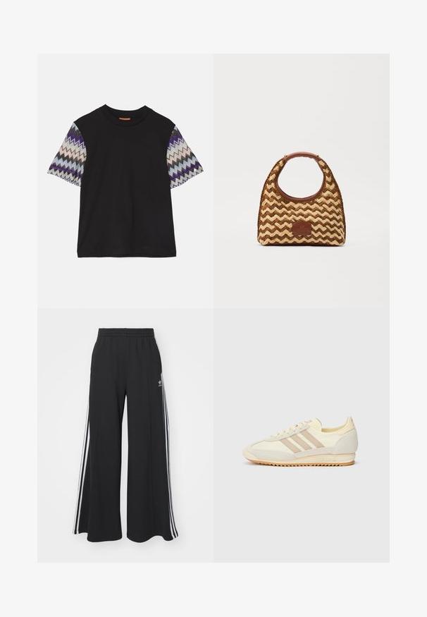 Missoni SHORT SLEEVE - Apdrukāts T-krekls - black/blue; Melnas plašas sporta bikses ar elastīgu jostasvietu, kurām ir baltas sānu svītras un izšūts logo kreisajā augšstilbā.; Krēma krāsas sporta apavi ar trim beiga joslām, izgatavoti no zamša un tekstila materiāliem, ar fakturētu zoli un iegravētu zīmolu uz papēža.; Austs kaltu salmu soma ar zic-zac rakstu, brūnu ādas rokturi un pamatni, kā arī taisnstūra logotipa uzšuvi priekšpusē.