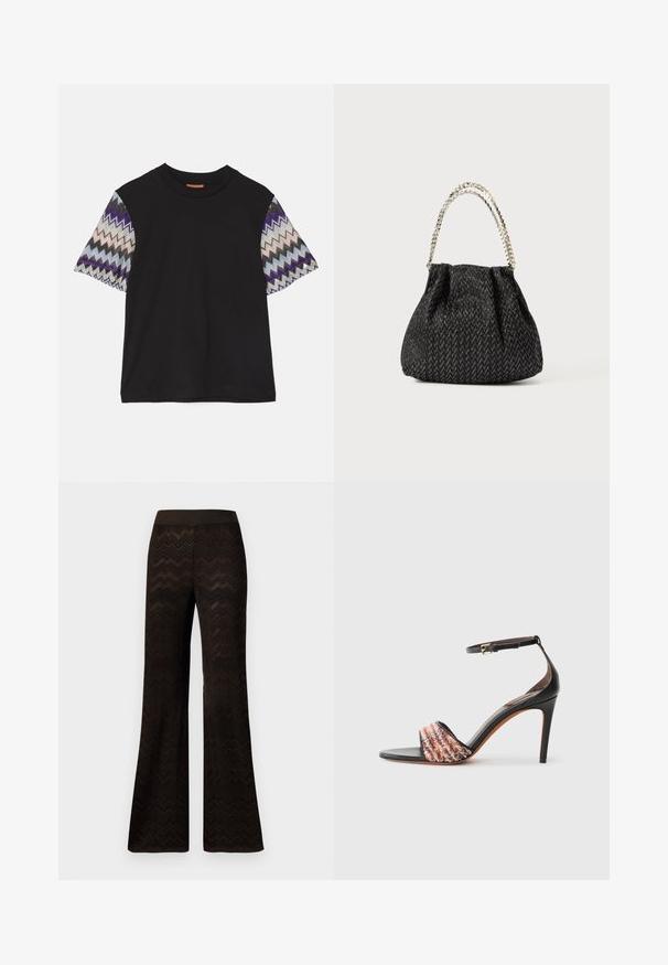 Missoni - T-shirt z nadrukiem; Szerokie czarne spodnie z dzianinowym wzorem w zygzaki i elastycznym pasem, wyeksponowane na jednolitym białym tle.; Czarne sandały na obcasie z paskiem wokół kostki. Posiadają teksturowaną, wielokolorową tkaninę na palcach. Gładkie wykończenie ze skóry.; Czarna torebka o fakturze z motywem jodełki, ze zebranym wzorem i metalowym łańcuchem. Miękka tkanina nadaje elegancki wygląd.