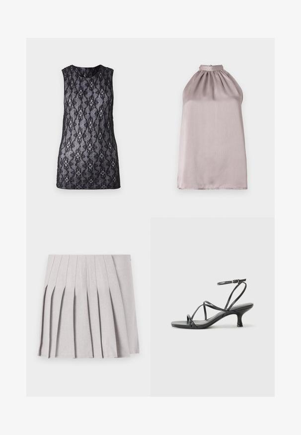Black lace tank top featuring a floral and geometric pattern, sleeveless design, round neckline, and semi-sheer texture.; Halter-neck, sleeveless top in light mauve satin with gathered detailing at the neckline and a smooth, slightly reflective texture.; Gray pleated skirt with a smooth texture, featuring multiple vertical folds and a fitted waistline. Made from lightweight fabric.; Black heeled sandals with thin straps, open toe design, and a small, flared heel. The material appears smooth and glossy.