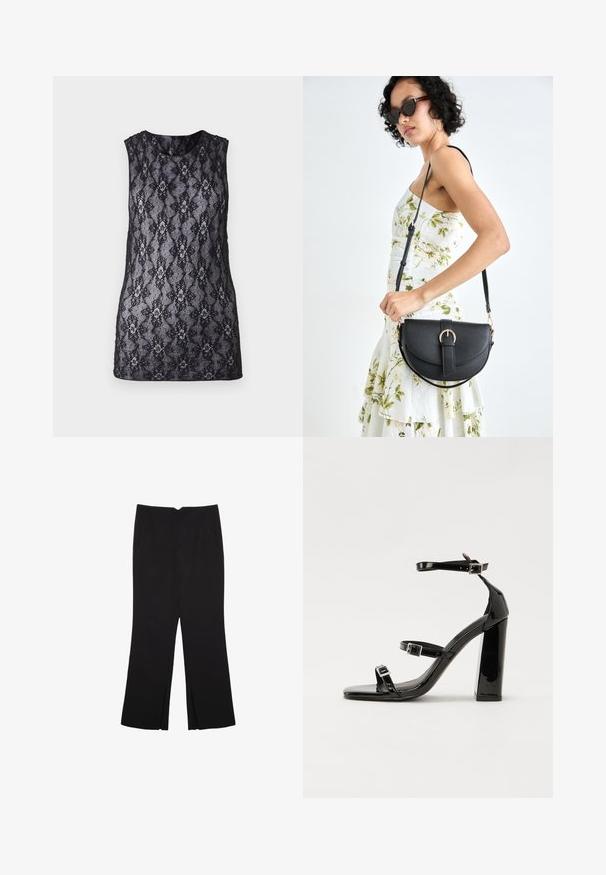 Crna čipkasta majica bez rukava s cvjetnim i geometrijskim uzorkom, okruglim izrezom i polu-prozirnom teksturom.; Crne hlače ravnog kroja, s prednjim džepovima i bočnim prorezima na rubu. Izrađene od mekog i glatkog materijala. Pogodne za razne prigode.; Crne lakirane sandale na visoku petu s dva remena s kopčama, kvadratnim vrhom i masivnom blok petom, s glatkom, sjajnom teksturom.; Crna kožna torba s lukovitim oblikom, odvojivim remenom i zlatnim detaljima. Torba ima preklop s kopčom.