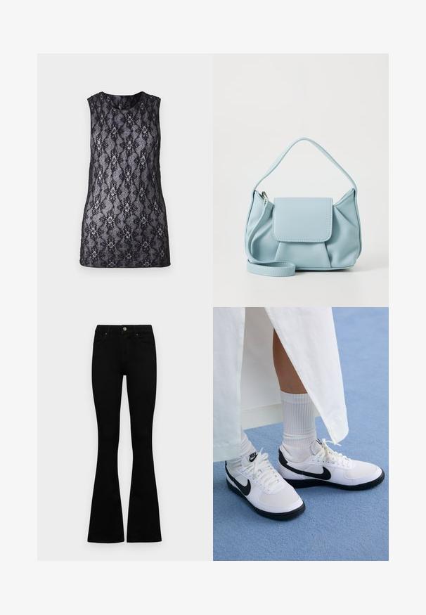 Top de alças preto em renda, com um padrão floral e geométrico, design sem mangas, decote redondo e textura semi-transparente.; Jeans pretos em corte flared feitos de denim. Apresentam um fecho de botão, cinco bolsos e uma textura suave. A perna flared começa abaixo do joelho.; Ténis brancos da Nike com detalhes pretos, apresentando um cabedal em pele lisa, atacadores brancos e solas de borracha resistentes, combinados com meias brancas com textura ribada.; Bolsa de mão de couro azul claro com alça superior, bolso frontal com aba e alça de pulso destacável, em fundo branco.