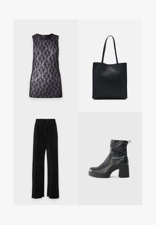 Fekete csipkés topp, virág- és geometriai mintával, ujjatlan kivitelben, kerek nyakkivágással és félig átlátszó textúrával.; Fekete pliszírozott nadrág gumis derekkal. Széles lábakkal rendelkezik, sima, texturált anyagból készült, függőleges csíkokkal.; Fekete bokacsizmák sima bőrből, oldalsó cipzárral, vastag, texturált sarkú és lekerekített orrú dizájnnal.; Fekete bőrtáska sima felszínnel, téglalap alakú, két hosszú füllel. Nincs látható fémkiegészítő vagy díszítés.
