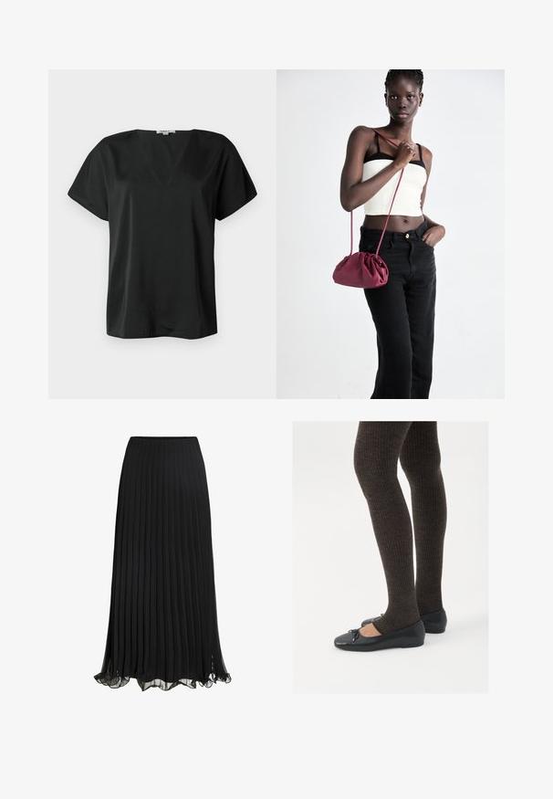 Črna majica s kratkimi rokavi, izdelana iz gladkega materiala, z obliko V-izreza in sproščenim krojem. Brez vzorcev ali vidnih dodatkov.; Bela kratka majica s kratkimi rokavi z V-izrezom, ki ima nežno čipkast rob okoli izreza in robov rokavov, izdelana iz lahkotnega materiala.; Črna plisirana maxi krila iz lahkega materiala s tekočim dizajnom. Ima obrobo z naborki in elastični pas za udobje.; Črne ravne čevlje z majhnim lokom na prstih, v kombinaciji s temno rjavimi rebrastimi nogavicami. Čevlji imajo gladko teksturo in nizko obliko.; Burgundska mehka torbica z zbranim dizajnom in dolgim trakom, nošena čez telo. Model nosi belo kratko majico in črne kavbojke.