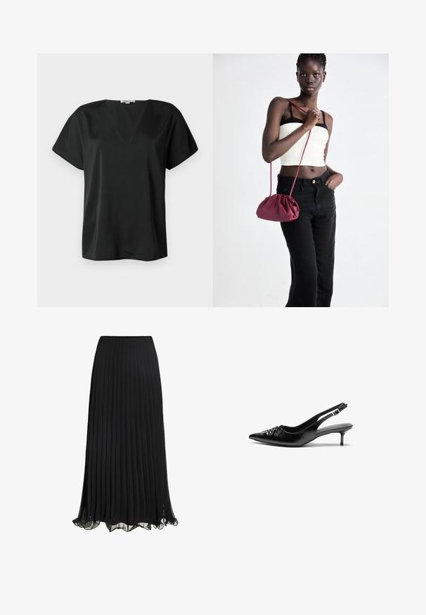 Black short-sleeve top made from smooth fabric, featuring a V-neck design and relaxed fit. No patterns or hardware visible.; Black pleated maxi skirt made of lightweight fabric with a flowing design. Features a ruffled hem and elastic waistband for comfort.; Black leather slingback heels with a pointed toe, small kitten heel, and a decorative knot detail on the front. Smooth texture throughout.; Burgundy soft fabric handbag with a gathered design and a long strap, worn crossbody. Model wears a white crop top and black jeans.