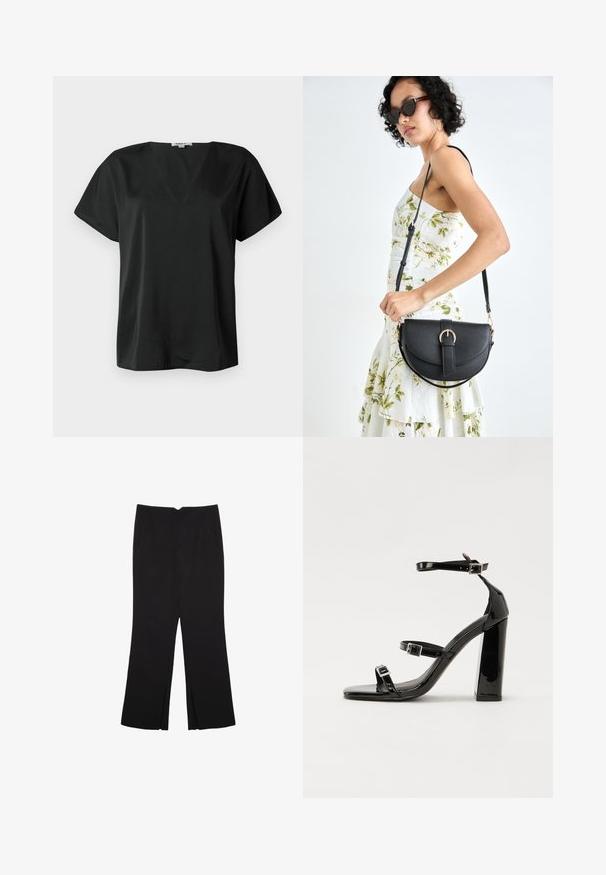 Sort kortærmet top lavet af glat stof, med V-halsdesign og afslappet pasform. Ingen mønstre eller hardware synlige.; Sorte bukser med lige pasform, der har frontlommer og slidser i kanten. Lavet af blødt, glat stof. Velegnet til forskellige anledninger.; Sorte patenterede hælsandaler med firkantet tå, ankelremme og sølvspænder. Har en chunky blokHæl for stabilitet.; Sort læderhåndtaske med en buet form, aftagelig rem og guldfinish. Tasken har en klap med en spænde detalje.