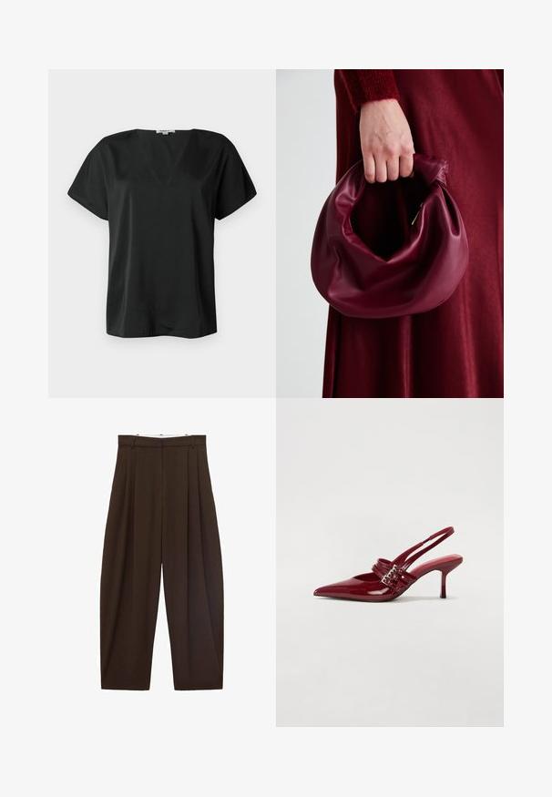 Zwart T-shirt met korte mouwen, gemaakt van een soepele stof, met een V-hals en een losse pasvorm. Geen patronen of hardware zichtbaar.; Bruine high-waisted broek met plooien, gemaakt van soepel materiaal. Loose fit, rechte pijpen, met riemlussen en een ritsluiting.; Rode gepatenteerde leren slingbackhakken met een spitse neus, twee gespsluitingen en een slanke, middelhoge stilettohak. Glad textuur.; Bordeaux leren handtas met een zacht, gegathered ontwerp en een ronde vorm. De handgreep is stevig bevestigd en toont een gladde textuur.