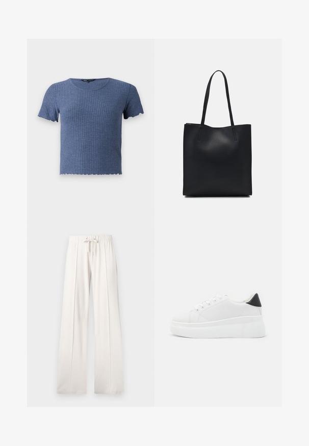 Camisola azul de mangas curtas com decote redondo e bainha rendilhada. Feita de um tecido macio e texturizado, com um design ajustado.; Calças de fato de treino beija claro, feitas de um tecido suave, com cintura elástica ajustável, pernas largas e costuras verticais, apresentando uma textura lisa.; Tênis plataforma brancos feitos de material sintético suave, apresentando ponta arredondada, design com cadarços e sola de borracha texturizada. Acento preto no calcanhar.; Bolsa tote preta em couro com textura lisa, forma retangular e duas alças longas. Sem hardware ou enfeites visíveis.