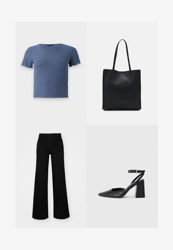 Blue ribbed short-sleeve top with a round neckline and scalloped hem. Made from soft, textured fabric with a fitted design.; Black wide-leg pants made of denim, featuring a structured waistband, belt loops, and front pockets. Smooth texture with a classic design.; Black leather pointy-toe pump with an ankle strap and a chunky heel. Flat texture, sleek design, and minimalistic aesthetics.; Black leather tote bag with smooth texture, rectangular shape, and two long handles. No visible hardware or embellishments.