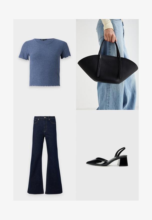 Modra rebrasta majica s kratkimi rokavi in okroglo izrezom ter valovitim robom. Narejena iz mehkega, strukturiranega blaga z oprijetim dizajnom.; Temno modri flare kavbojke z visokim pasom, sprednjimi žepi in zlatimi šivi. Gladka tekstura s tradicionalnim krojem.; Črne lakirane slingback pete s koničastim nosom in geometrijsko blokasto peto. Imajo eleganten, minimalističen dizajn in gladko teksturo.; Črna usnjena torbica z edinstveno obliko ventilatorja, z ravnimi ročaji. Površina ima teksturo z drobnimi kamni in minimalističen dizajn.