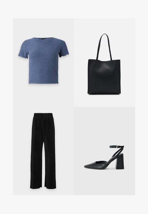 Mėlynas raibų trumpų rankovių viršus su apykakle ir banguotu apdailu. Pagamintas iš minkštos, tekstūruotos medžiagos su prigludusia forma.; Juodi plisuoti kelnės su elastine juosta. Turėkite plačias kojas ir glotnų, tekstūrinį audinį su vertikaliais dryžiais.; Juoda odinė smailiagalė aukštakulnio bateliai su kulkšnies dirželiu ir storu kulnu. Lygus paviršius, elegantiškas dizainas ir minimalistiška estetinė. ; Juodas odinis tote krepšys su lygia tekstūra, stačiakampio formos ir dviem ilgais rankenomis. Matomų metalinių detalių ar puošybos nėra.