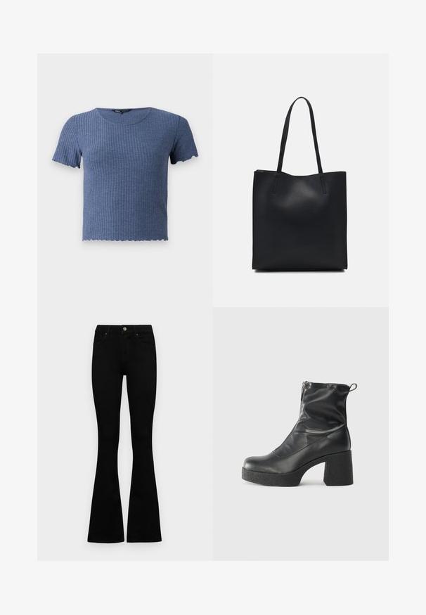 Camisola azul de mangas curtas com decote redondo e bainha rendilhada. Feita de um tecido macio e texturizado, com um design ajustado.; Jeans pretos de cintura alta com fecho de botão e zíper, bolsos frontais e pernas largas dispostos em cima de um fundo branco.; Botas de tornozelo pretas feitas de couro liso, com fecho lateral, salto grosso texturizado e design de bico arredondado.; Bolsa tote preta em couro com textura lisa, forma retangular e duas alças longas. Sem hardware ou enfeites visíveis.