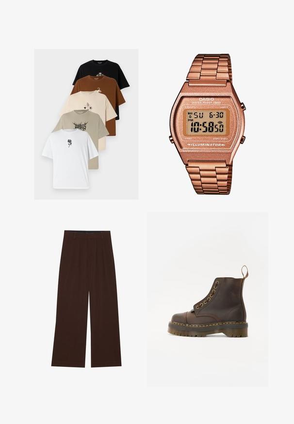 Fem T-shirts præsenteret i en stak. Farver: sort, brun, beige, olivengrøn og hvid. Bemærkelsesværdige designs inkluderer grafiske tryk på hver skjorte.; Brune bredbenede bukser med plisseringer. Lavet af et glat stof, der har en skræddersyet talje og sidelommer. Flad kant nederst.; Brun læder ankelstøvle med rund tå, kontrasterende gul syning, dekorative metaløjer og en ribbet gummisål.; Digital Casio ur med et roseguld metalarmbånd, rektangulær kasse, oplyst skærm og vandtæthed, som viser tid og dato.