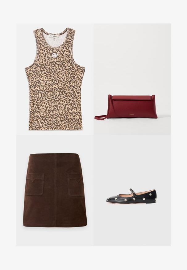 Leopard print tank top in beige and brown, made of ribbed fabric with a round neck and subtle embroidered logo at the front.; Brown suede skirt featuring a classic A-line shape, two front pockets with rounded flaps, and subtle stitching details.; Black leather Mary Jane flat shoe with a rounded toe, featuring silver circular studs and an adjustable strap with a buckle.; Red leather clutch bag with a textured finish, featuring a flat fold-over top and a short strap. Subtle brand logo on the front.