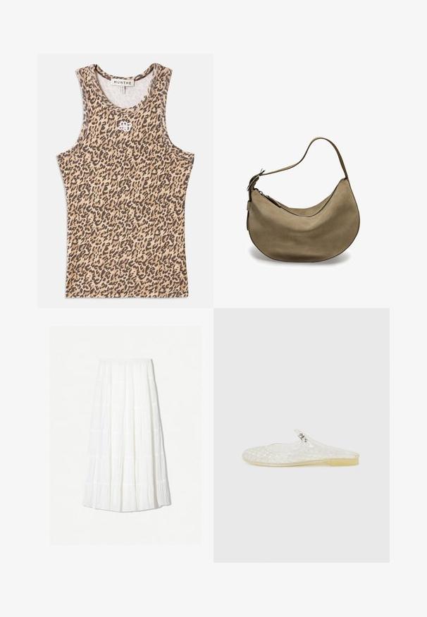 Top in stampa leopardata beige e marrone, realizzato in tessuto a coste, con colletto rotondo e logo ricamato discreto sul davanti.; Gonna maxi bianca realizzata in tessuto leggero, caratterizzata da un design a strati con cuciture orizzontali. Vita elastica con una silhouette fluente.; Scarpa in plastica trasparente, senza lacci, con una trama a griglia, punta arrotondata e un piccolo accento argentato sulla cinghia. Suola flessibile di colore translucido.; Borsa hobo in suede marrone con forma curva, tracolla singola, chiusura con zip e superficie liscia. Design semplice con dettagli hardware minimi.
