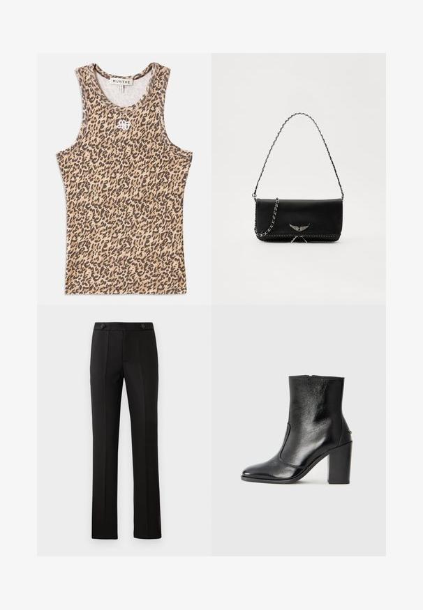 Top s tank načinom v leopardjem vzorcu v bež in rjavi barvi, narejen iz rebrastega materiala z okroglo ovratnico in subtilnim vezenim logotipom spredaj.; Črne krojene hlače s ravnim nogavicam, dvema sprednjima žepoma, gumbom za zapiranje in nabranimi detajli spredaj. Gladka tekstura tkanine.; Črne usnjene gležnarske čevlje z gladko teksturo, koničastim nosom in debelim visokim petam. Imajo stransko odprtino in minimalističen dizajn.; Črna usnjena torbica s srebrnim verižnim ročajem, ki ima okrasne krilate poudarke in belo šivanje ob spodnjem šivu.