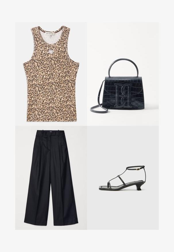Top fără mâneci cu imprimeu de leopard în nuanțe de bej și maron, fabricat dintr-un material ribbing, cu gât rotund și un logo brodat discret în față.; Pantaloni negri cu picioare late, confecționați dintr-un material neted, având talie înaltă, plii și un design croitorie. Accesorii simple negre la talie.; Sandelă din piele neagră cu vârf pătrat, curele subțiri, curea ajustabilă la gleznă și toc mic. Prezintă un mic accent auriu pe curea.; Geantă din piele cu model de crocodil negru, cu un design structurat, mână superioară, curea ajustabilă și un detaliu proeminent cu logo pe față.