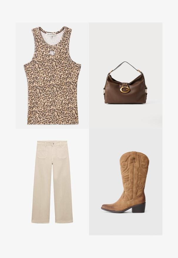 Débardeur à motif léopard en beige et marron, fabriqué en tissu côtelé avec un col rond et un logo brodé subtil à l'avant.; Pantalon large beige en coton. Il dispose d'un zip, d'un bouton à l'avant et de deux poches plaquées à l'arrière. Ourlet propre sans embellissements.; Botte western en suède beige mi-mollet avec des motifs décoratifs cousus et un talon empilé sur fond blanc.; Sac à main en cuir marron avec une finition texturée, doté d'une fermeture en métal doré et d'une seule anse arrondie.