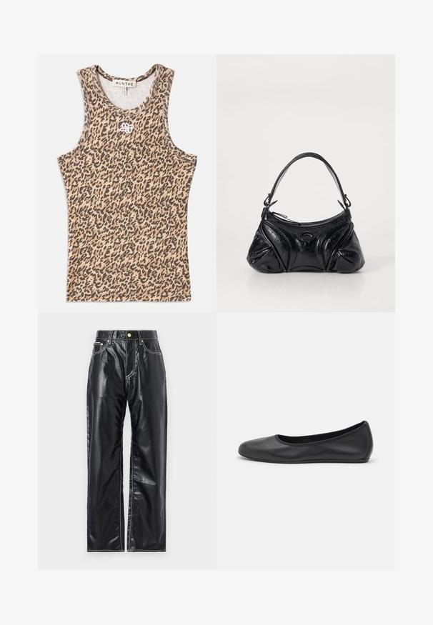 Débardeur à motif léopard en beige et marron, fabriqué en tissu côtelé avec un col rond et un logo brodé subtil à l'avant.; Pantalons en cuir synthétique noirs à coupe large, avec des coutures blanches, des poches avant et un bouton doré à la taille.; Ballerines en cuir noir avec un bout rond, texture lisse, détails de couture minimalistes et design de semelle flexible.; Sac à main noir en cuir texturé de forme arrondie. Doté d'une fine bandoulière et de motifs en relief décoratifs.