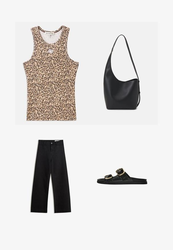 Leopardprint tanktop in beige en bruin, gemaakt van ribbelstof met een ronde hals en een subtiele geborduurde logo aan de voorkant.; Zwarte denim broek met wijde pijpen en een hoge taille, voorzien van voor- en achterzakken, gestikte naden en een knoopsluiting. Gladde textuur.; Zwarte slipper met twee gouden gesps, gladde textuur, platte zool en een minimalistisch ontwerp.; Zwarte leren hobo tas met een gladde textuur, kromme vorm en een enkele verstelbare schouderband; heeft een brede opening aan de bovenkant.