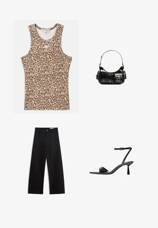 Beige és barna leopárdmintás trikó, bordázott anyagból, kerek nyakkivágással és diszkrét hímzett logóval az elején.; Fekete, bő szabású farmernadrág magas derékkal, elülső és hátsó zsebekkel, varrott felületekkel és gombos záródással. Sima textúra.; Bershka Magas sarkú szandálok - black; Fekete lakkbőr kézitáska ívelt formával, egy vállpánttal, elülső zsebekkel és ezüstszínű fémrészletekkel.