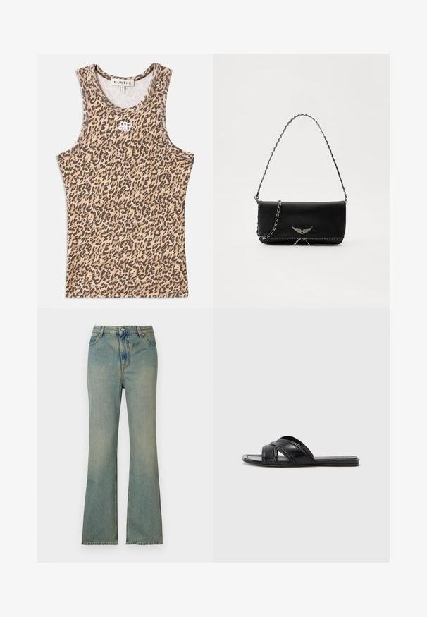 Top in stampa leopardata beige e marrone, realizzato in tessuto a coste, con colletto rotondo e logo ricamato discreto sul davanti.; Jeans a zampa di elefante in denim azzurro chiaro con vita alta, cinque tasche e chiusura con zip. Finitura pulita e sbiadita con dettagli di cucitura sottili.; Infradito neri con finitura in pelle liscia, dotati di cinturini incrociati e dettagli a taglio, con una suola piatta e flessibile.; Borsa a mano in pelle nera con una tracolla in catena argento, caratterizzata da decorazioni a forma di ali e cuciture bianche lungo la cucitura inferiore.