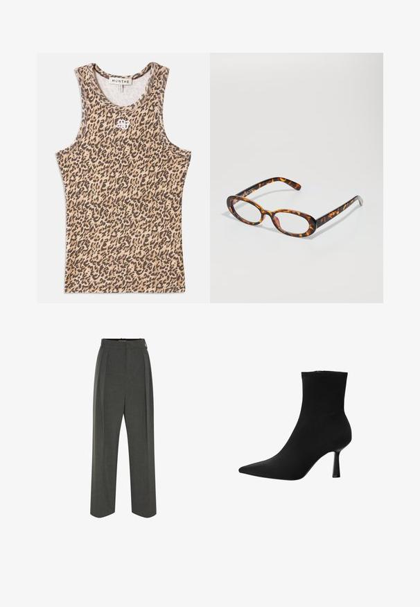 Beige és barna leopárdmintás trikó, bordázott anyagból, kerek nyakkivágással és diszkrét hímzett logóval az elején.; Szürke, magas derekú, fazonra szabott nadrág, pliszírozott részletekkel, széles lábszárral és sima felülettel. Diszkrét cipzárral záródik.; Fekete bokacsizma sima anyagból, hegyes orral és vékony tűsarkúval, zökkenőmentes dizájnnal és látható hardver nélküli kivitelben.; Tortuga mintás szemüveg ovális lencsékkel, fényes felülettel, karcsú szárakkal és finom mintázattal, amely a tigris csíkjaira emlékeztet.