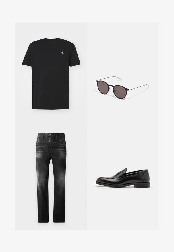 Černé bavlněné tričko s kulatým výstřihem, krátkými rukávy a malým, barevným vyšívaným designem na levé části hrudi.; Černé džíny z denimu se rovnými nohavicemi. Obsahují vybledlé oblasti, drobné poškození, klasický pětikapsový design a zapínání na knoflík.; Černé kožené polobotky s hladkou texturou, zaoblenou špičkou a zdobným páskem přes nárt. Nízký stohovaný podpatek, minimalistický design.; Černé kulaté sluneční brýle s tmavými skly a tenkými kovovými nohami. Obsahují průhledné koncovky nožiček a stříbrné akcenty na pantu. Minimalistický design.