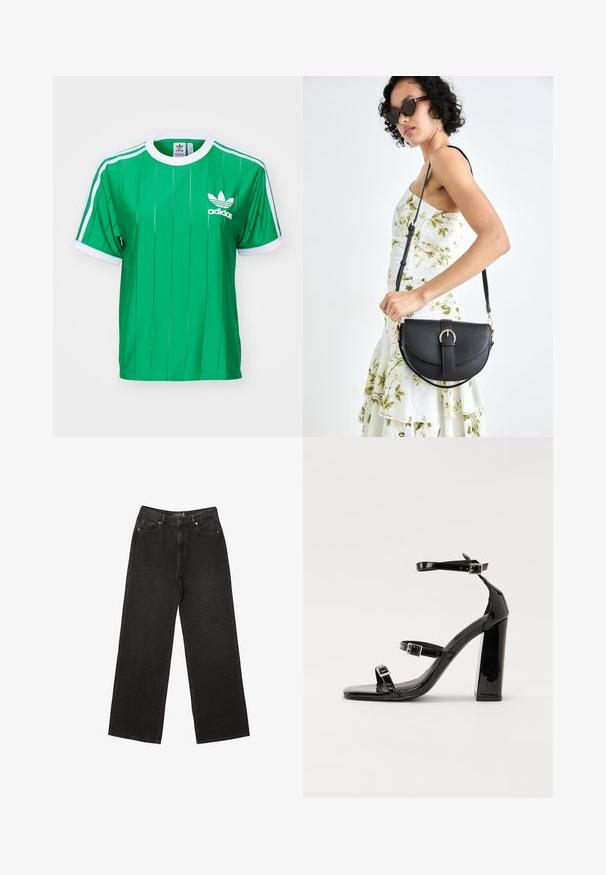 Grön Adidas t-shirt med vertikala ränder, vita detaljer och rundad halsringning. Har Adidas-logotypen på vänster bröstområde.; Svart vida jeans i denim, med små prickiga mönster, klassisk femfickorsdesign och stängning med knäppning och dragkedja.; Svarta lackerade klacksandaler med fyrkantig tå, ankelremmar och silverfärgade spännen. Har en kraftig blockklack för stabilitet.; Svart läderhandväska med en böjd form, avtagbar rem och guldiga detaljer. Väskan har ett lock med en spänndetalj.