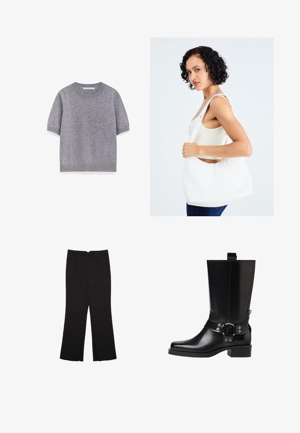 Grau gestrickter Kurzarmpullover aus weichem Material, mit Rundhalsausschnitt und geripptem Saum. Einfaches Design ohne Muster oder Akzente.; Schwarze Hose mit geradem Schnitt, ausgestattet mit Fronttaschen und Seitenschlitzen am Saum. Hergestellt aus weichem, glattem Stoff. Geeignet für verschiedene Anlässe.; Schwarze Lederstiefel bis zum Knie mit spitzer Zehenform, silbernen Schnallenakzenten und einem klobigen Absatz. Verfügt über eine Zuglasche für einfaches Anziehen.; Weißer Schultertasche aus glattem Material mit ovalem Ausschnitt und breitem Tragegurt. Einfach und modern, ohne sichtbare Hardware.