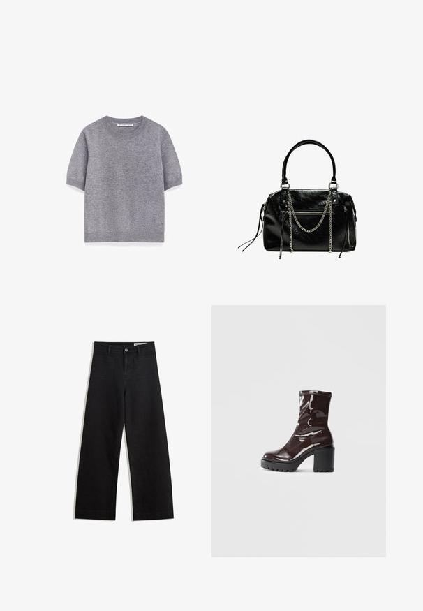 Szary sweter z krótkim rękawem wykonany z miękkiego materiału dzianinowego, z okrągłym dekoltem i ściągaczowym dołem. Prosty design bez wzorów lub akcentów.; Czarne dżinsowe spodnie o szerokich nogawkach i wysokim stanie, z przednimi i tylnymi kieszeniami, przeszyciami oraz zapięciem na guziki. Gładka struktura.; Błyszczące bordowe botki za kostkę z masywną czarną obcasem, charakteryzujące się gładką teksturą i prostym wzornictwem. Brak widocznych zapięć lub wzorów.; Bershka - Torebka