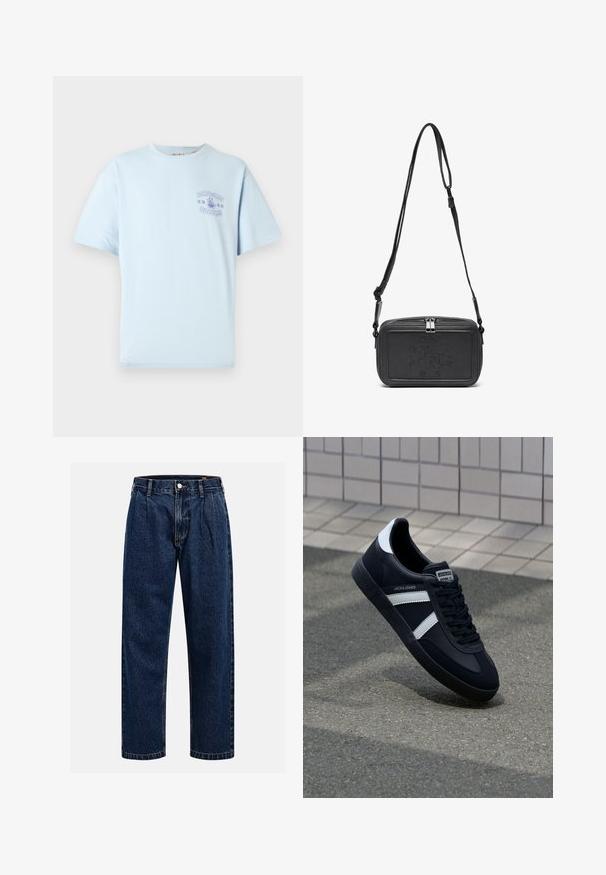Light blue short-sleeve T-shirt with a small purple "ONLY & SONS NOODLES" graphic and bowl of noodles on the chest.; Dark blue denim jeans with a straight-leg design. Features visible stitching, a button closure, and front pleats for added detail.; Black leather sneaker with white stripes, textured rubber sole, and lace-up front. Features a branded label on the tongue.; Black leather crossbody bag with a zip closure, embossed logo on the front, and adjustable strap. Smooth texture with a rectangular shape.