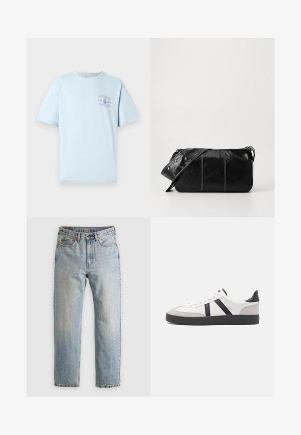 Light blue short-sleeve T-shirt with a small purple "ONLY & SONS NOODLES" graphic and bowl of noodles on the chest.; Light blue denim jeans with high waist, front button, zipper, and five-pocket design, laid flat on a neutral background.; White sneaker with black and gray accents, featuring a textured gray toe cap, black rubber sole, and flat white laces. Clean design, minimalist style.; Black leather shoulder bag with a zip closure, featuring a textured body, white stitching, and a strap with silver grommets.