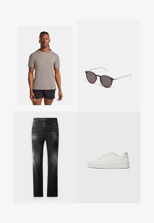Lightweight, short-sleeve athletic shirt in taupe with a round neckline and subtle logo detail. Features a smooth, breathable fabric.; Black denim jeans with a straight fit. Features faded areas, minor distressing, classic five-pocket design, and a button closure.; White leather sneaker with a smooth finish, round toe, flat laces, and a textured sole. Features a subtle logo on the heel.; Black round sunglasses with dark lenses and slim metal arms. Includes clear temple tips and silver accents at the hinge. Minimalist design.
