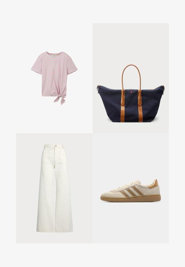 TOM TAILOR DENIM Trükipildiga T-särk - blue red white stripe; Laiad teksad heledast denimist. Kõrge vöökoht, nööbivöö, kaks esikotitäit ja kontrastsed õmblused.; Beež sametist tossud heledate pruunide aktsentidega. Omab kolme pruunist triipu, tekstureeritud kummist tallat ja ümarat varvaku kuju.; Tumesinise kanvasest duffel-kott, millel on pronksist nahk rihmad, lukuga sulgemine ja väike punane logo esiküljel, millel on lai ja avar disain.