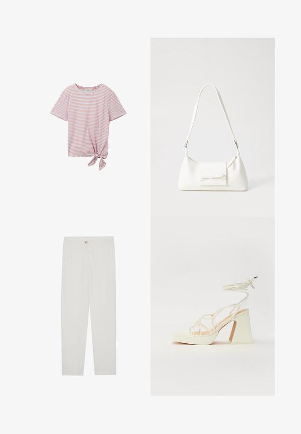 TOM TAILOR DENIM Printtipaita - blue red white stripe; Valkoiset, muotoon ommellut housut, joissa on suora lahjerakenne, napillinen sulkeminen, vyölenkit ja sivutaskut; sileä kangas.; Valkoinen korkokenkä, jossa on paksu korko, ja joka sisältää nauhakiinnityksen ja nilkkaketjun. Sujuva pinta, jossa on platform-etupohja lisäkorkeutta varten.; Valkoinen synteettinen käsilaukku, jossa on kolmikulmainen muoto, tasainen etu läppä ja nauhadetail, säädettävä olkahihna, sileä rakenne ja minimalinen muotoilu.