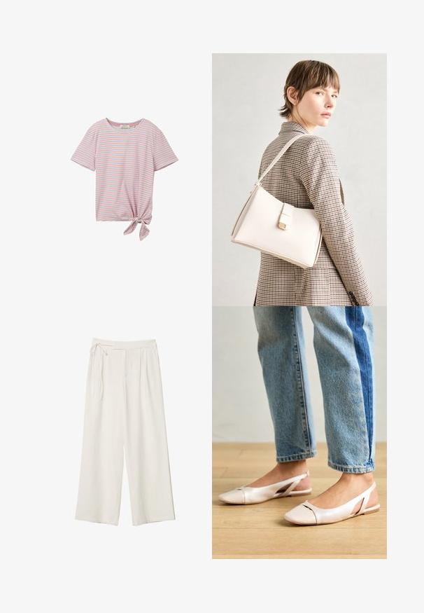 TOM TAILOR DENIM Tričko s potlačou - blue red white stripe; Dlhé nohavice v off-white materiáli s hladkou textúrou. Obsahujú viazaný pás a plisovaný predok, navrhnuté pre voľný strih.; Svetloružové slingback baleríny s jemne špicatou špičkou, vyrobené z hladkého materiálu pripomínajúceho kožu. Majú výrezové detaily na stranách a plochý opätok.; Biely kožený kabelka so štruktúrovaným dizajnom, s magnetickým uzáverom a ramenným popruhom, vystavená na neutrálnom pozadí.