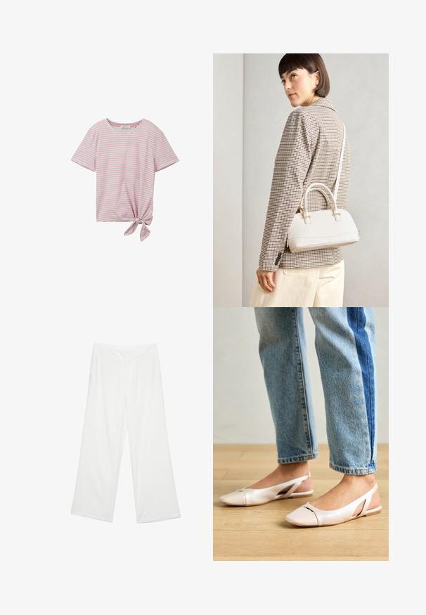 TOM TAILOR DENIM T-shirts print - blue red white stripe; Vide bukser i hvidt stof med en glat tekstur, frontlommer og en klassisk talje med bæltestropper.; Lyserøde slingback flade sko med spidse tær, lavet af et glat læderlignende materiale. Har udskæringsdetaljer på siderne og en flad hæl.; Hvid struktureret taske med korte håndtag og en skulderrem, prydet med guldfarvede hardwaredetaljer og tekstureret materiale, præsenteret mod en grå baggrund.