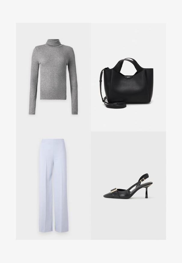 Grijze coltrui van ribbelstof, met lange mouwen en een aansluitend ontwerp. Eenvoudig en veelzijdig voor zowel lagen in een outfit als zelfstandig te dragen.; Lichtblauwe wijde broek gemaakt van zachte stof, met een hoge tailleband en voorplooien voor extra structuur.; Zwarte leren slingback schoen met een spitse neus, slanke hak en een gouden hardwareaccent op de wreef. Glad textuur en gestructureerd ontwerp.; Zwarte leren handtas met een gestructureerde afwerking, hoekige vorm, dubbele handgrepen en een verstelbare schouderriem. Bevat een accent met het DKNY-logo.
