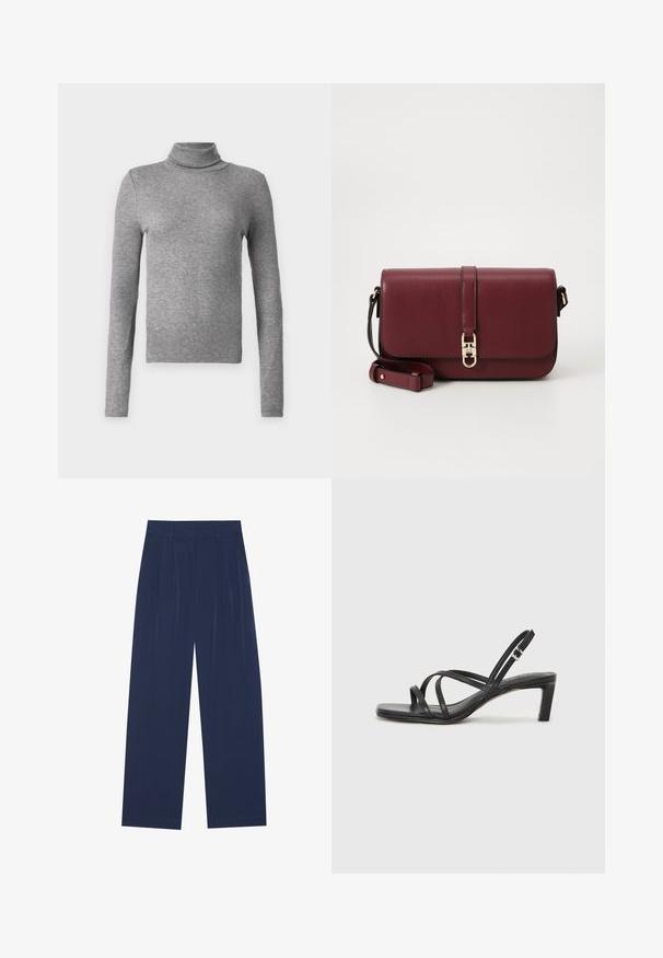 Gray turtleneck sweater made of ribbed fabric, featuring long sleeves and a fitted design. Simple and versatile for layering or standalone wear.; Navy blue wide-leg pants made of soft fabric, featuring front pleats, a smooth texture, and a straight fit with no visible pockets.; Black strappy sandal with a square toe and a low block heel. Features multiple thin straps and an adjustable ankle strap. Made of smooth leather.; Tommy Hilfiger LIBRE FLAP CROSSOVER - Cross body bag - deep rouge