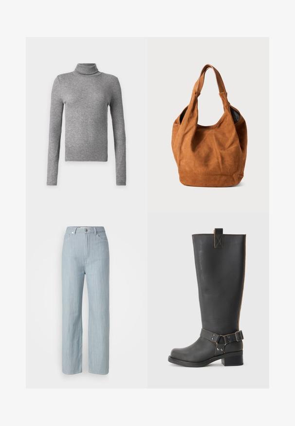 Grauer Rollkragenpullover aus geripptem Stoff, mit langen Ärmeln und taillierter Passform. Einfach und vielseitig, ideal zum Schichten oder als eigenständiges Kleidungsstück.; Helle blaue gerade geschnittene Jeans aus Denim. Verfügt über fünf Taschen, einen Metallknopfverschluss und dezente Waschungen für zusätzliche Textur.; Schwarze Leder-Stiefel bis zum Knie mit strukturiertem Finish, seitlichem Schnallenakzent und niedrigem Absatz. Detaillierte Steppnähte entlang der Nähte.; Braune Wildleder-Schultertasche mit weicher Textur, gebogener Form und zwei Griffen. Verfügt über ein minimalistisches Design ohne sichtbare Beschläge oder Akzente.