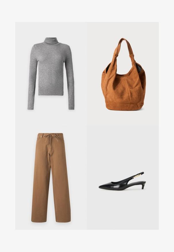 Sivý rolák vyrobený z rebrovanej látky, s dlhými rukávmi a priliehavým strihom. Jednoduchý a všestranný, vhodný na vrstvenie alebo nosenie samostatne.; Hnedé nohavice so širokými nohavicami vyrobené z bavlny, so sťahovacím pásom a dvoma prednými vreckami. Štruktúrovaná tkanina s hladkým povrchom.; Čierne kožené slingback opätky s špicatou špičkou, s úzkym opätkom a zlatým detailom na nastaviteľnom remienku. Hladká textúra.; Hnedá semišová kabelka cez rameno s jemnou textúrou, zakriveným tvarom a dvoma ušami. Vyznačuje sa minimalistickým dizajnom bez viditeľného hardvéru či akcentov.