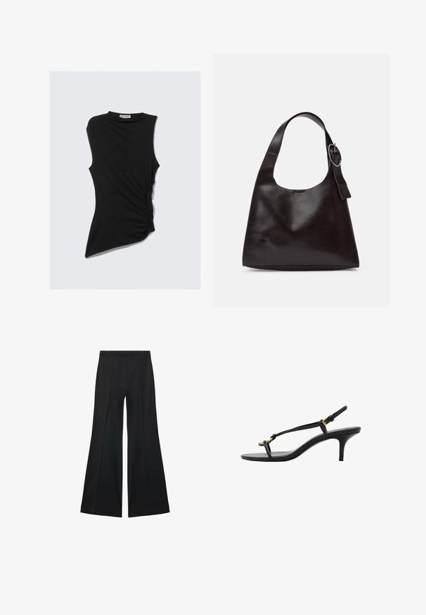 Haut noir sans manches avec un détail froncé sur le côté et un ourlet asymétrique. Fabriqué en tissu doux et extensible. Encolure ronde.; Pantalons larges noirs avec une texture lisse, présentant des plis sur le devant et un design ajusté. Le tissu est léger et fluide.; Sandale à talon aiguille noire en cuir avec des fines bandoulières, boucle dorée et une boucle pour les orteils minimaliste sur fond blanc.; Sac en cuir marron porté épaule avec une texture lisse, une forme arrondie, une large sangle et un accent métallique circulaire sur la poignée.