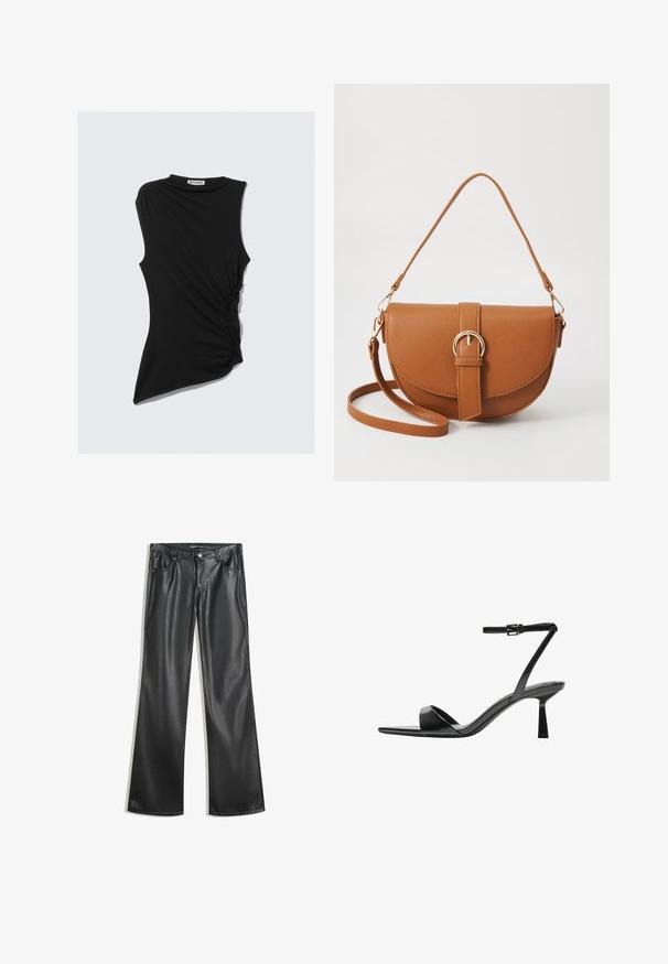 Sort ærmeløs top med samlet sidede detail og asymmetrisk nederdel. Lavet af blød, strækbar stof. Rund halsudskæring.; Sorte faux læder flare bukser med en glat tekstur, fem-lomme design, lynlås foran og kontrasterende syninger.; Bershka Højhælede sandaletter / Højhælede sandaler - black; Brun læder crossbody taske med en buet form, guldfarvet hardware og en spændeaccent. Har en aftagelig skulderrem.