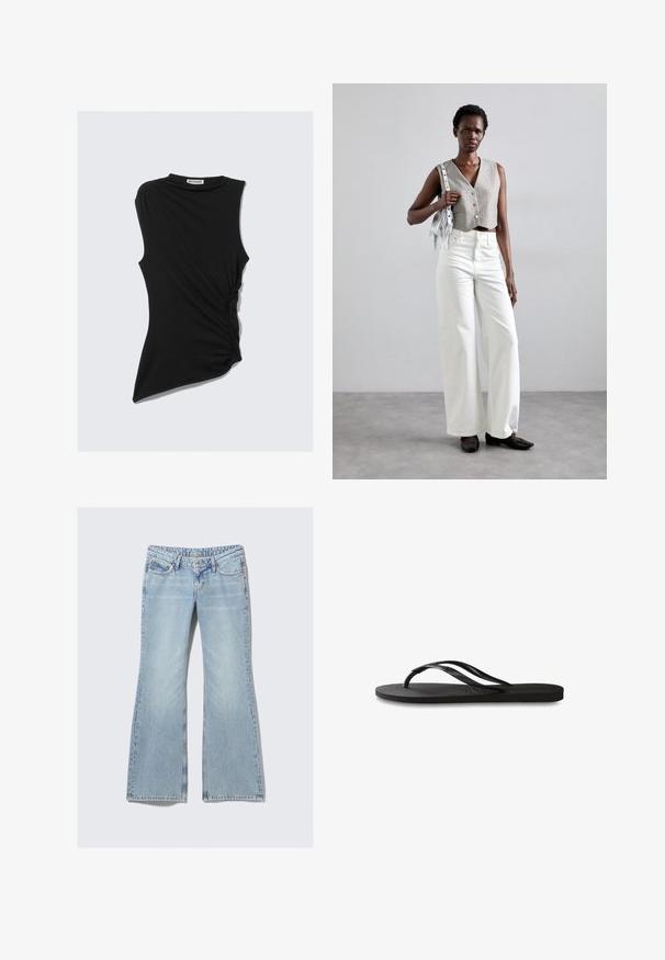 Schwarzes, ärmelloses Top mit gerafftem Seitendetail und asymmetrischem Saum. Hergestellt aus weichem, elastischem Material. Runder Ausschnitt.; Weekday NOVA - Jeans Slim Fit - lip blue; Schwarze Flip-Flops mit einer strukturierten Gummisohle, zwei schlanken Riemen und einem dezenten, geprägten Logo-Detail auf dem Riemen.; Grauer, verkürzter Weste mit Knöpfen, kombiniert mit weißen, weit geschnittenen Jeans und schwarzen flachen Schuhen. Ergänzt durch eine kleine silberne Fransenhandtasche.
