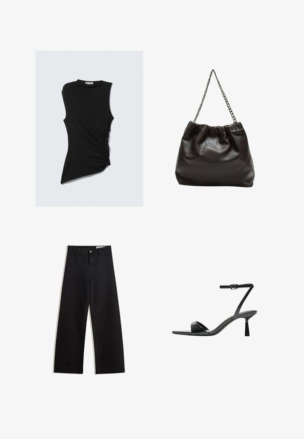 Zwarte mouwloze top met een geplooide zij-inzet en asymmetrische zoom. Gemaakt van zachte, rekbare stof. Ronde halslijn.; Zwarte denim broek met wijde pijpen en een hoge taille, voorzien van voor- en achterzakken, gestikte naden en een knoopsluiting. Gladde textuur.; Bershka Sandalen met hoge hak - black; Bruine leren tas met een geplooide bovenkant en een kettinghengsel. Glad textuur met een glanzende afwerking en subtiele naaddetails aan de zijkanten.