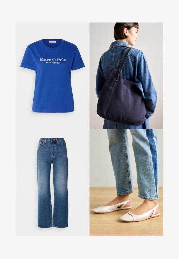 Zila kokvilnas t-krekls ar apaļu kaklu un īsām piedurknēm. Baltā krāsā uzdrukāts teksts "Marc O'Polo EST. IN STOCKHOLM".; Augsts viduklis, plata kāja zila džinsa bikses ar gradāciju izmazgāšanu, varš krāsas diegiem, priekšējo pogu aizdari un pieciem kabatām.; Bālti rozā siksniņu dzīvokļi ar smailu purngalu, izgatavoti no gludas ādas līdzīgās materiāla. Iezīmē izgriezumu detaļas sānos un platu papēdi.; Jūras spēku kanvas plecu soma ar mīkstu, strukturēta formu, kas piedāvā melnu siksnu, izšūtu detaļu un nelielu zīmola birku.