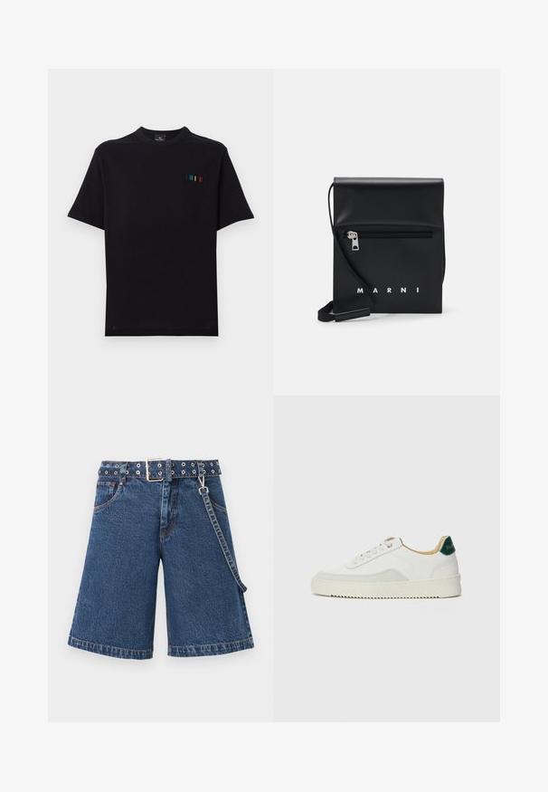 Svart kortärmad t-shirt i bomull med rundad halsringning och färgglada vertikala ränder på vänster bröst. Slät textur.; Jeansshorts i mörkblått, vid passform med ett bälte i midjan som har metallöglor, avslutade med kontrasterande sömmar och en sidokedja.; Vit sneaker med mockadetaljer, rund tå, platta snören och en krämfärgad gummisula. Har grön branding på hälen.; Svart läder crossbody-väska med en ficka med dragkedja på framsidan, präglad logotyp och justerbar rem. Slät textur med en strukturerad form.