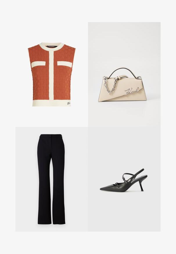 Sleeveless top in burnt orange, featuring a textured woven pattern, white ribbed accents, and two chest pockets with white borders.; Black trousers featuring a straight cut, smooth texture, and a waistband with a single button closure. No visible patterns or accents.; Black leather slingback heels with a pointed toe, slender heel, and decorative buckle detail on the vamp. Smooth texture and sleek design.; Beige leather handbag with a structured, triangular shape, featuring a silver chain handle and a cursive logo in metal.