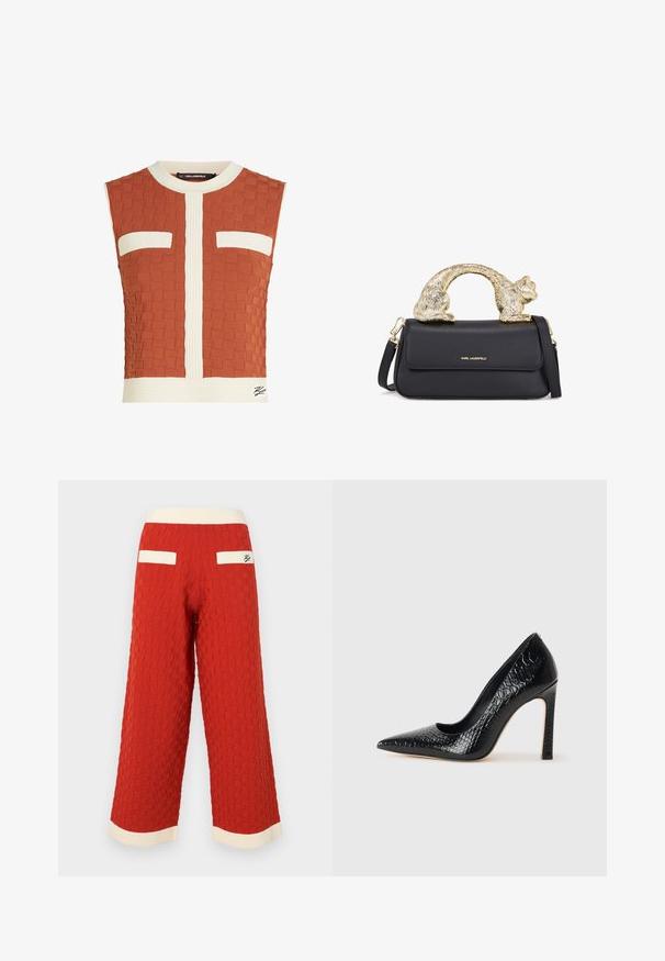 Sleeveless top in burnt orange, featuring a textured woven pattern, white ribbed accents, and two chest pockets with white borders.; Red textured wide-leg pants with a grid pattern, featuring cream-colored ribbed waistband and pocket accents.; Black pointed-toe high heel shoe with a crocodile-skin texture, featuring a sleek design, high stiletto heel, and smooth black interior.; Black leather handbag with a gold cat-shaped handle, featuring a front flap, adjustable strap, and logo detail on the lower front.